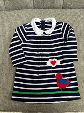 Florence Eiseman- Navy & White Striped Baby Dress with Red Bird Applique